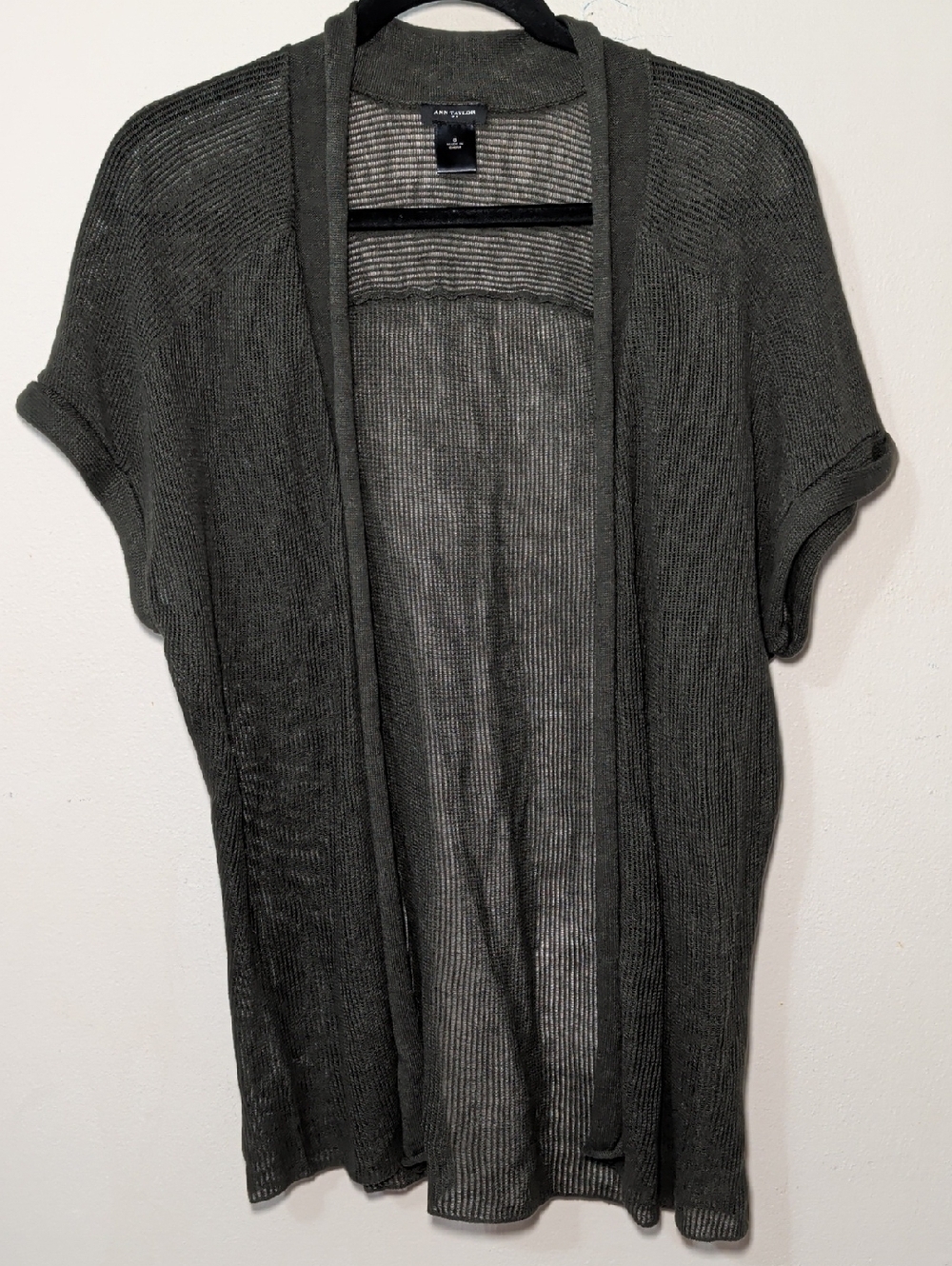 Ann Taylor Open-Front Short Sleeve Cardigan Dark Green Linen-Cotton Women Size S